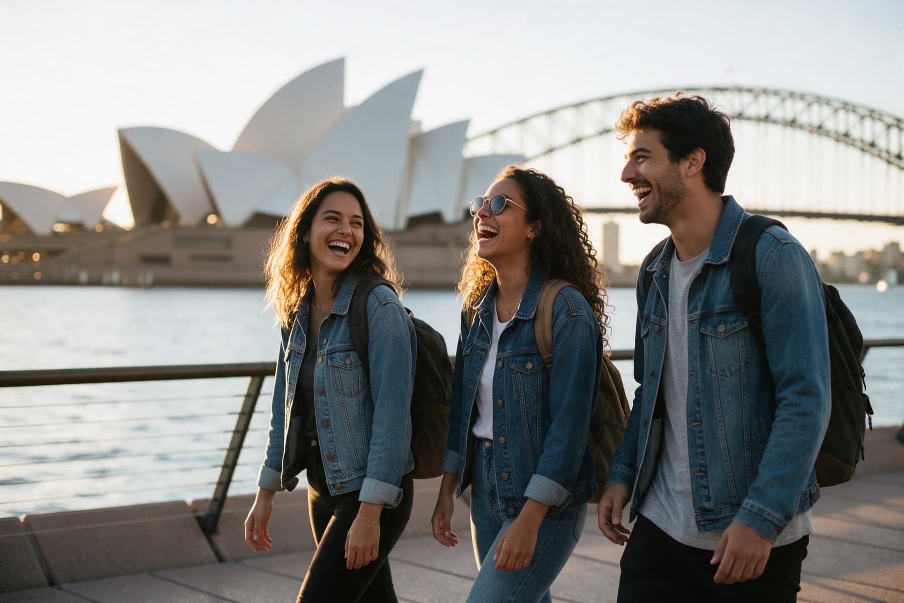 Estudantes brasileiros sorrindo em frente à Opera House de Sydney